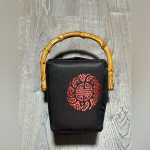 Tozai Home Black Satin Decorative Box Purse w/ Bamboo Handle Excellent Condition